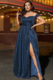 Glitter Navy Off the Shoulder Plus Size Bridesmaid Dress with Slit