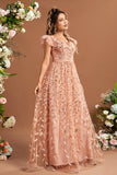 Blush V Neck Leaf Sequins A Line Plus Size Bridesmaid Dress