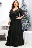 Black Illusion Sleeves A Line Chiffon Plus Size Bridesmaid Dress