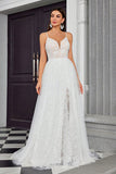 White Spaghetti Straps A Line Tulle Wedding Dress with Lace Embroidery