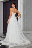 White Spaghetti Straps A Line Tulle Wedding Dress with Lace Embroidery