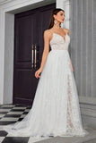 White Spaghetti Straps A Line Tulle Wedding Dress with Lace Embroidery