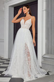 White Spaghetti Straps A Line Tulle Wedding Dress with Lace Embroidery