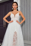 White Spaghetti Straps A Line Tulle Wedding Dress with Lace Embroidery