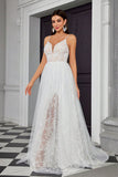 White Spaghetti Straps A Line Tulle Wedding Dress with Lace Embroidery