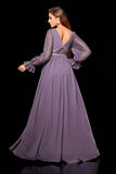 Grey Purple V Neck See Through Chiffon A Line Bridesmaid Dress
