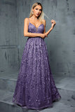 Dark Purple Deep V Neck Backless Maxi Tulle Prom Dress