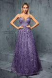 Dark Purple Deep V Neck Backless Maxi Tulle Prom Dress