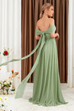 Green Off-the-Shoulder Flowy A-Line Chiffon Bridesmaid Dress