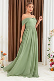 Green Off-the-Shoulder Flowy A-Line Chiffon Bridesmaid Dress
