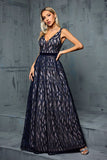 Navy V Neck Printed A Line Long Wedding Guest Dress