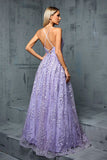 Lilac Deep V Neck Applique Tulle A Line Lace Up Formal Dress