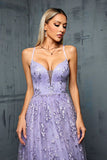 Lilac Deep V Neck Applique Tulle A Line Lace Up Formal Dress
