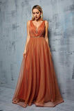 Brown V Neck Tulle A Line Bridesmaid Dress with Sash