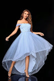 Light Blue Off the Shoulder Tulle High Low Bridesmaid Dress