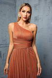 Brown One Shoulder Tulle A Line Bridesmaid Dress with Slit