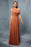 Brown One Shoulder Tulle A Line Bridesmaid Dress with Slit