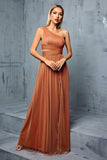 Brown One Shoulder Tulle A Line Bridesmaid Dress with Slit