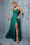 Dark Green Spaghetti Straps Pleated Satin Bridesmaid Dress with Slit