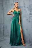 Dark Green Spaghetti Straps Pleated Satin Bridesmaid Dress with Slit