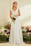 White V Neck A Line Lace Floor Length Wedding Dress