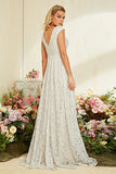 White V Neck A Line Lace Floor Length Wedding Dress