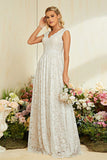 White V Neck A Line Lace Floor Length Wedding Dress