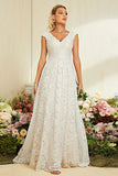 White V Neck A Line Lace Floor Length Wedding Dress