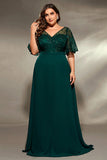 Dark Green V Neck Applique A Line Plus Size Bridesmaid Dress