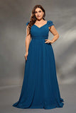 Ink Blue Chiffon Long Plus Size Bridesmaid Dress with Ruffles