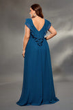 Ink Blue Chiffon Long Plus Size Bridesmaid Dress with Ruffles