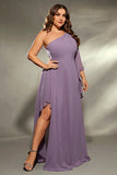Grey Purple One Shoulder Chiffon Plus Size Bridesmaid Dress with Slit