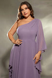 Grey Purple One Shoulder Chiffon Plus Size Bridesmaid Dress with Slit