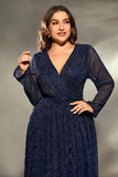 Navy Long Sleeves V Neck A Line Plus Size Wedding Guest Dress