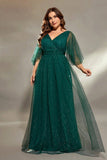 Dark Green Glitter V Neck Tulle A Line Plus Size Wedding Guest Dress