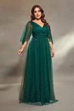 Dark Green Glitter V Neck Tulle A Line Plus Size Wedding Guest Dress