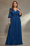 Sparkly Ink Blue Sequins A Line Long Plus Size Wedding Guest Dress