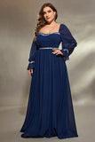 Navy Long Sleeves Chiffon Plus Size Bridesmaid Dress with Sequins