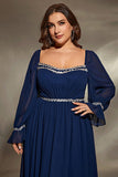 Navy Long Sleeves Chiffon Plus Size Bridesmaid Dress with Sequins