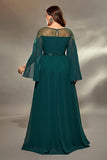 Dark Green Illusion Neckline Chiffon Plus Size Wedding Guest Dress