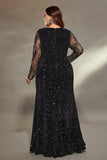Black Sparkly Sequins Mermaid Plus Size Wedding Guest Dress with Slit