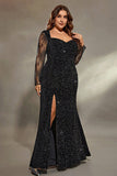 Black Sparkly Sequins Mermaid Plus Size Wedding Guest Dress with Slit
