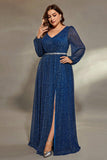 Royal Blue Glitter V Neck Plus Size Bridesmaid Dress with Slit