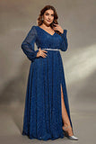 Royal Blue Glitter V Neck Plus Size Bridesmaid Dress with Slit