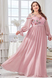 Blush Chiffon A Line Plus Size Bridesmaid Dress with Embroidery