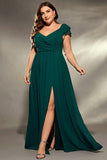 Dark Green V Neck Chiffon Long Plus Size Bridesmaid Dress with Slit