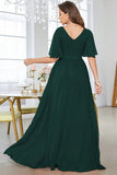 Dark Green V Neck Half Sleeves Chiffon Maxi Bridesmaid Dress