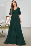 Dark Green V Neck Half Sleeves Chiffon Maxi Bridesmaid Dress