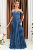 Grey Blue Off the Shoulder Chiffon Maxi Bridesmaid Dress with Sash