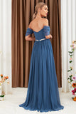 Grey Blue Off the Shoulder Chiffon Maxi Bridesmaid Dress with Sash